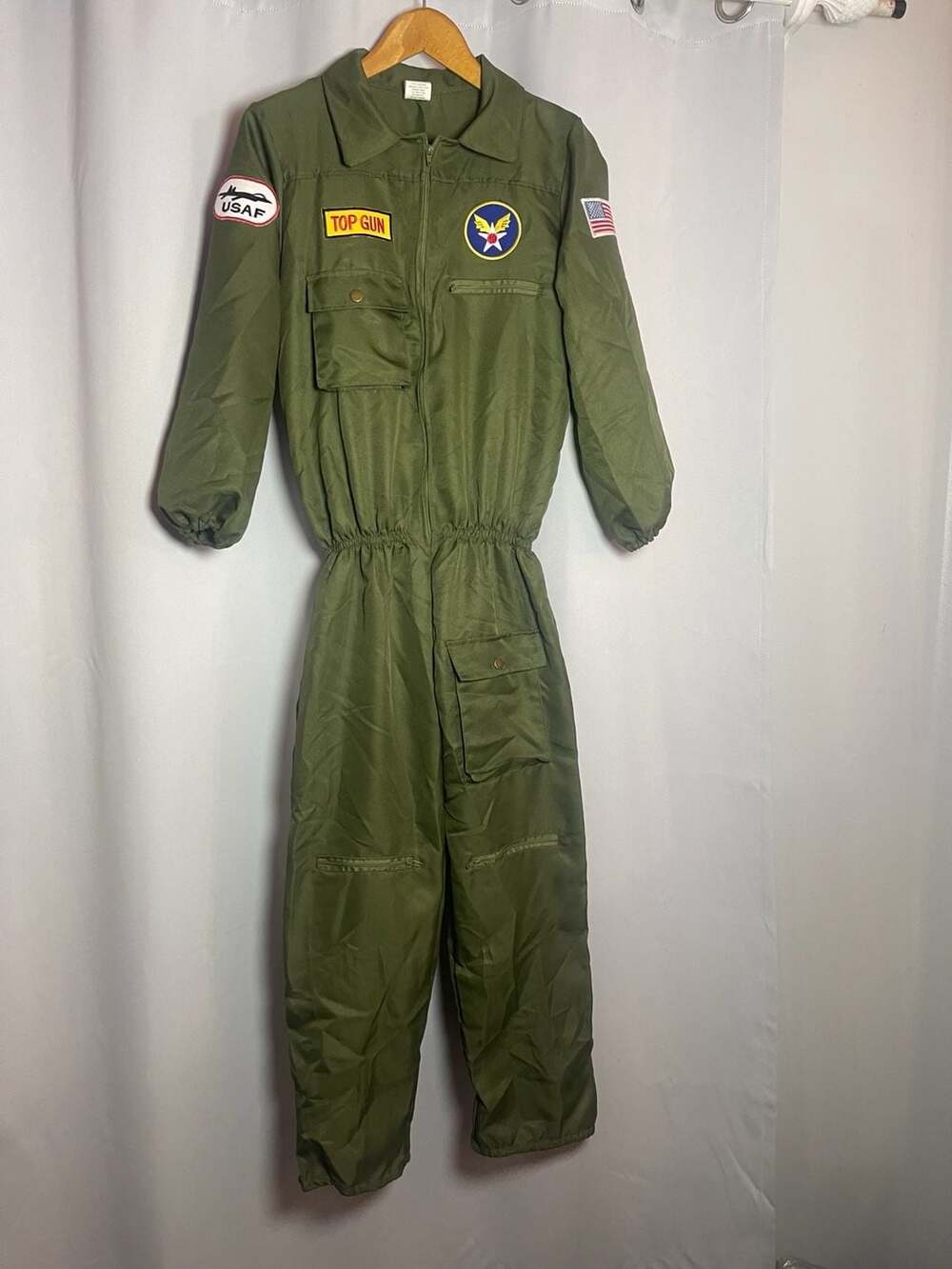 Top Gun Air Force Fighter Pilot Costume Flight Suit Jumpsuit Green Halloween